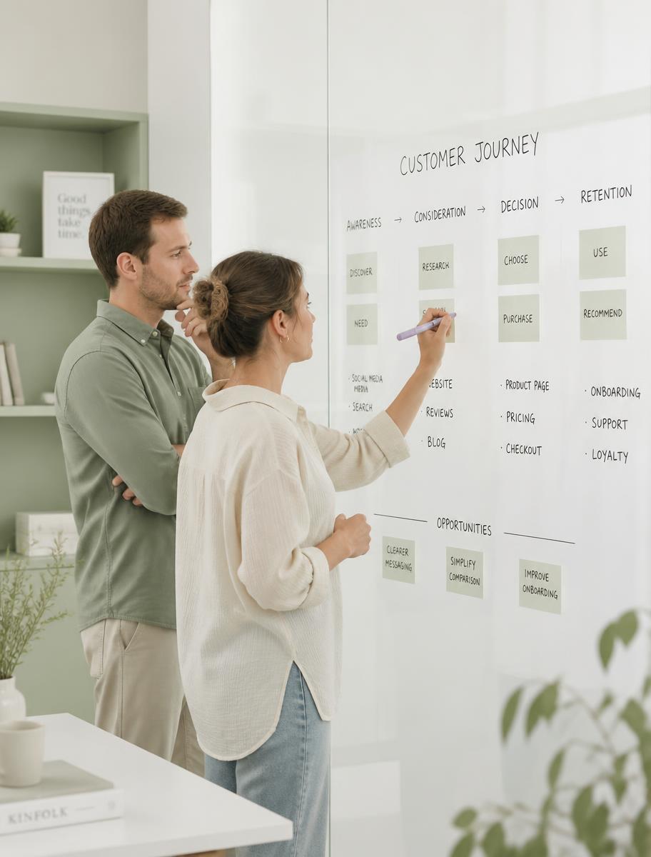 Two people mapping the customer journey on a wall