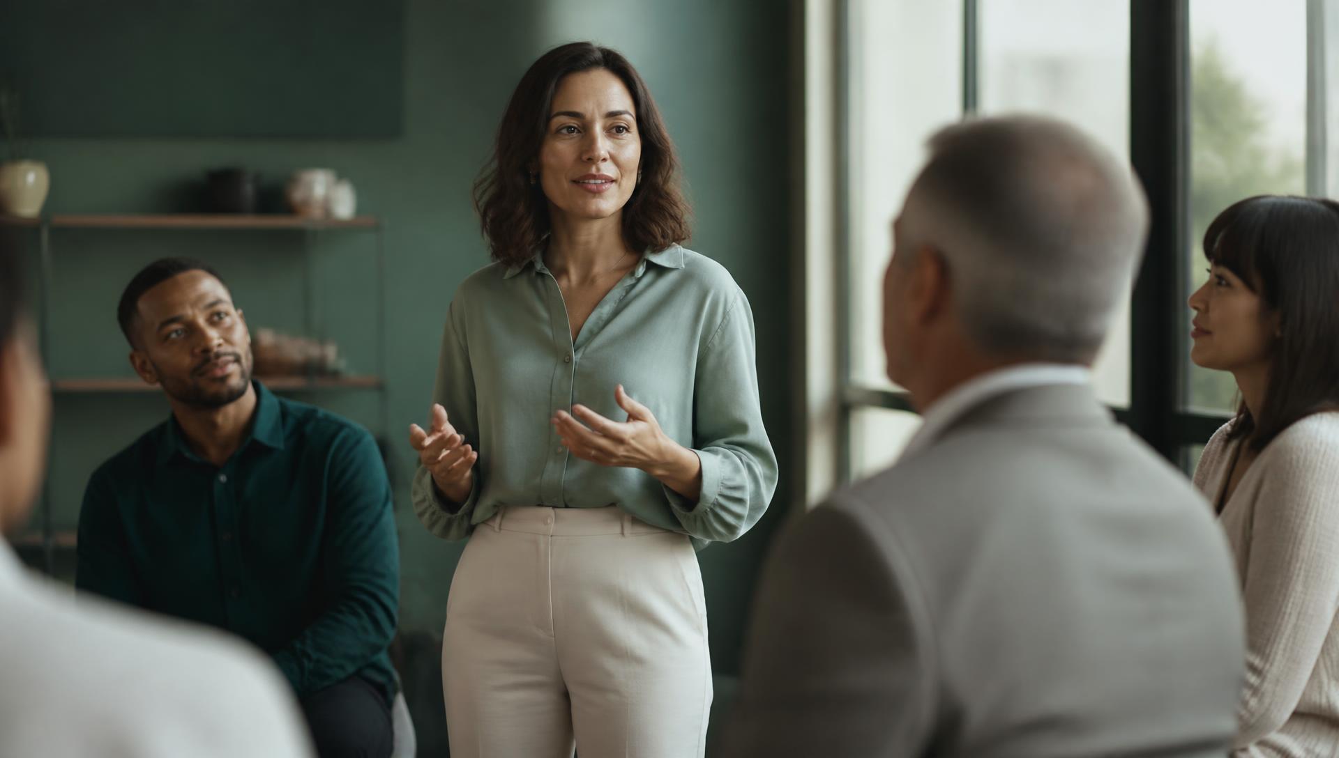 A leader speaking with a small group in a calm modern office