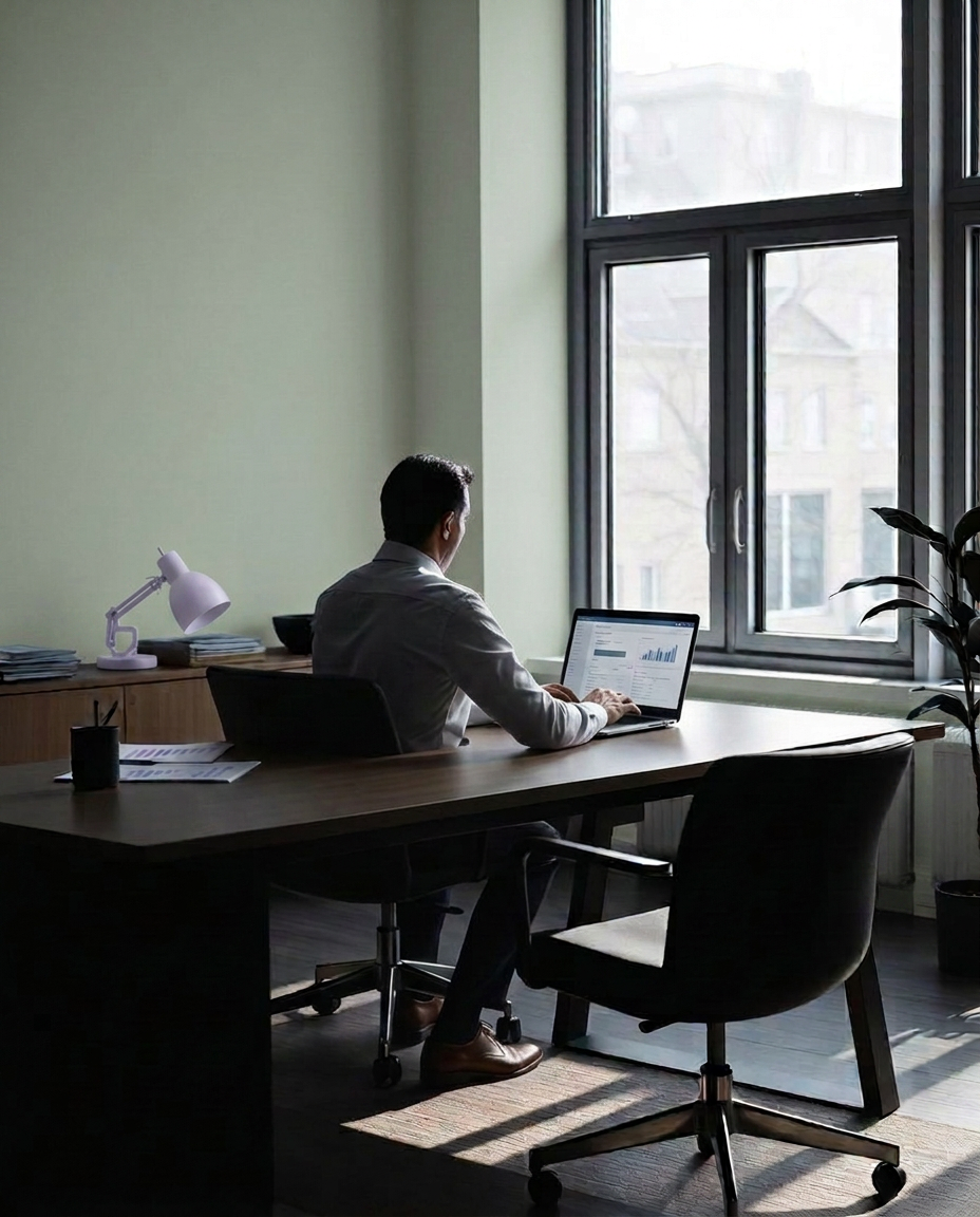 A founder reviewing printed revenue charts at a desk