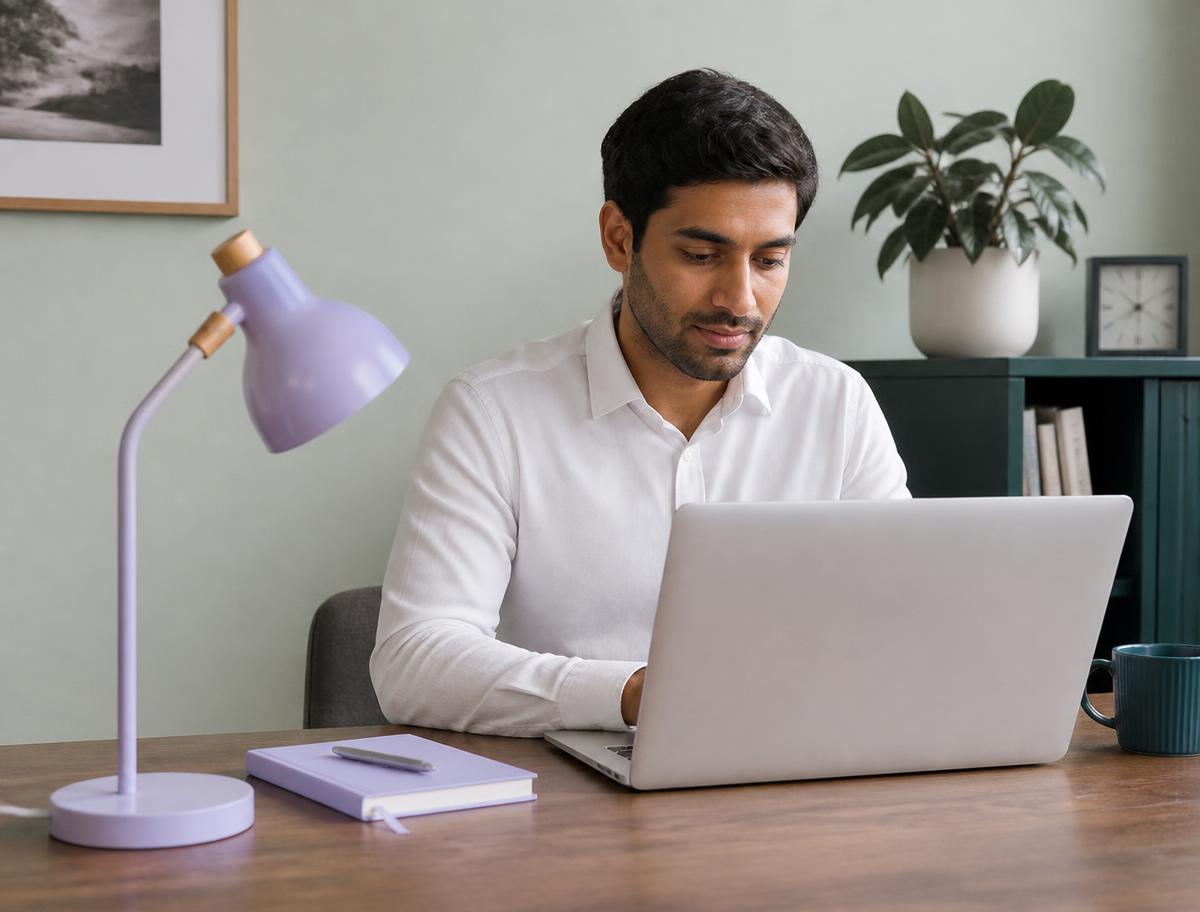 A consultant working on a laptop at a desk with a lilac lamp