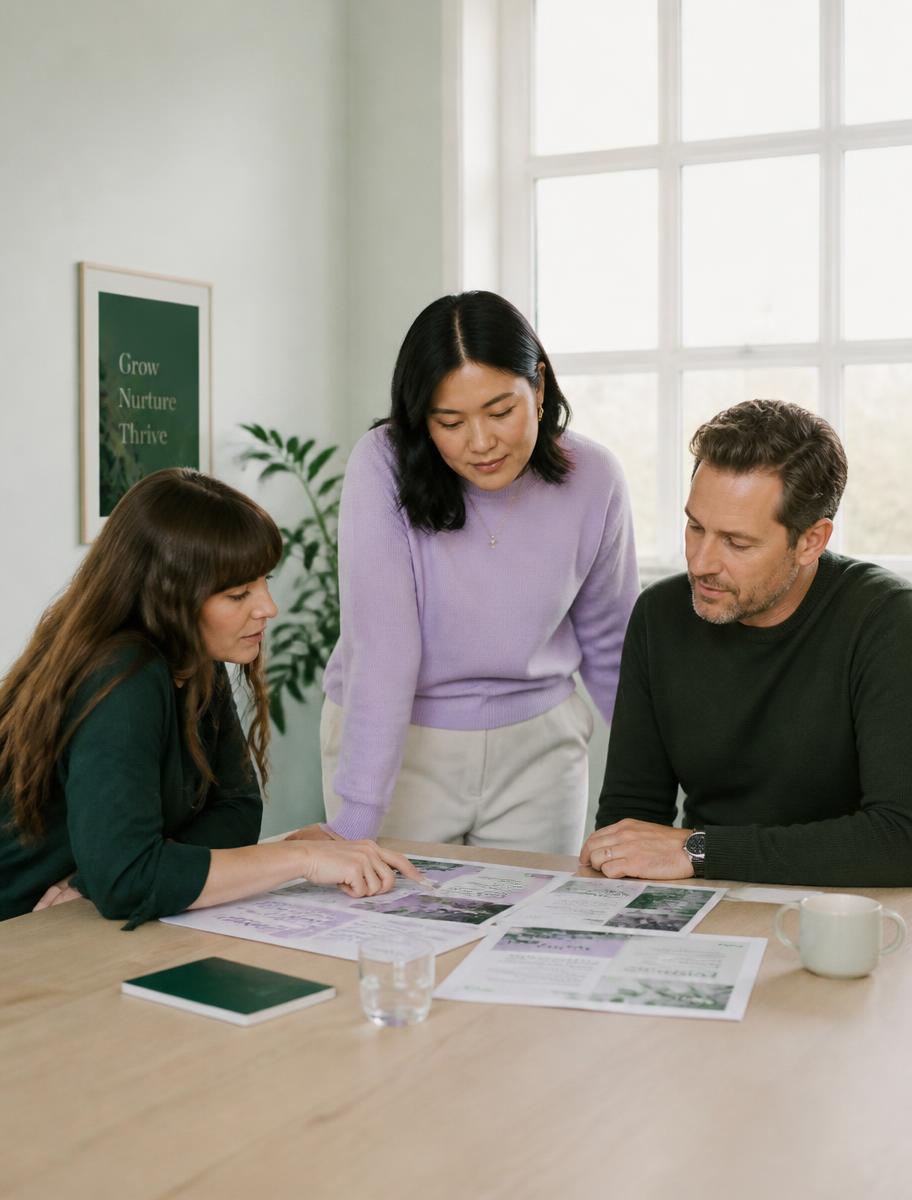 Three colleagues reviewing printed campaign work around a meeting table
