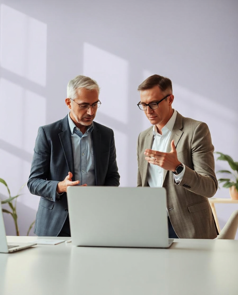 Two colleagues debating a decision over a laptop