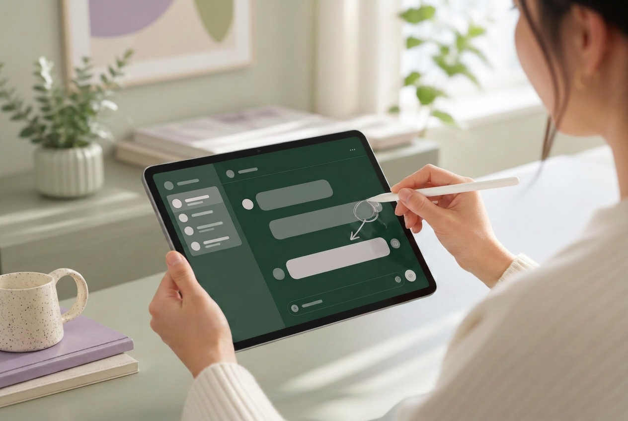 A person annotating an AI chat interface on an iPad with an Apple Pencil